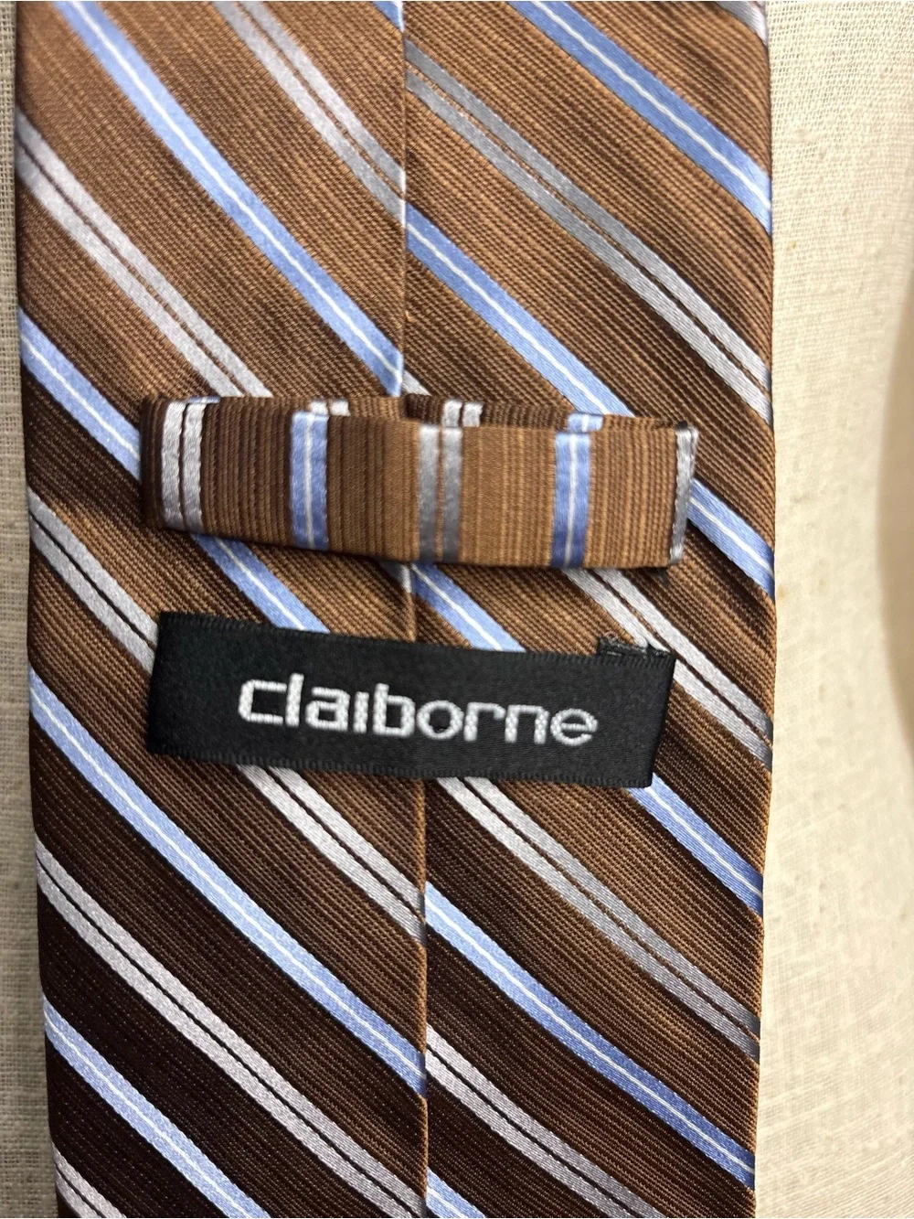 Claiborne Men’s 100% Silk Handmade Striped Tie Brown Blue Silver Classic